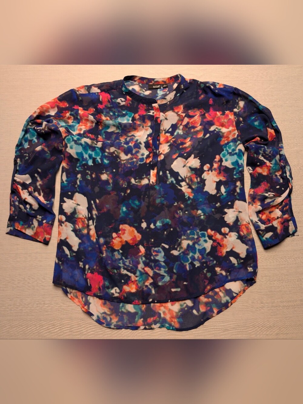 a.n.a Womens 1/2 Button Front Printed Sheer Long Sleeve Top Blouse Size Large